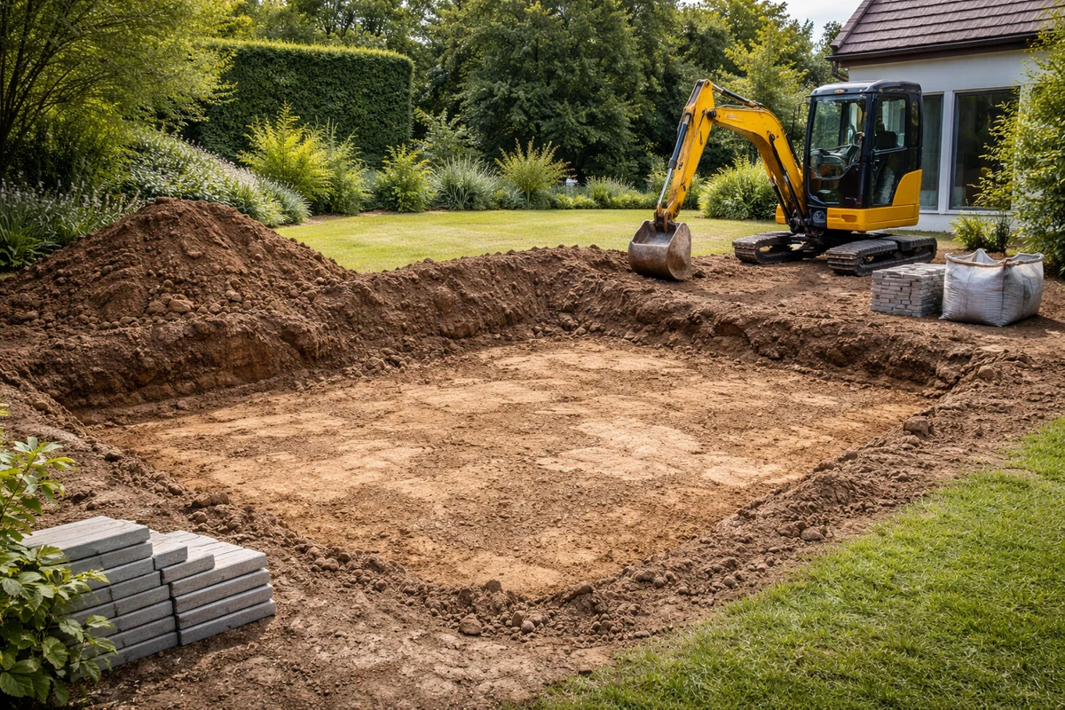 Minibagger beim Aushub einer Grube – ausgehobenes Erdmaterial liegt seitlich, Tiefaushub für Fundament