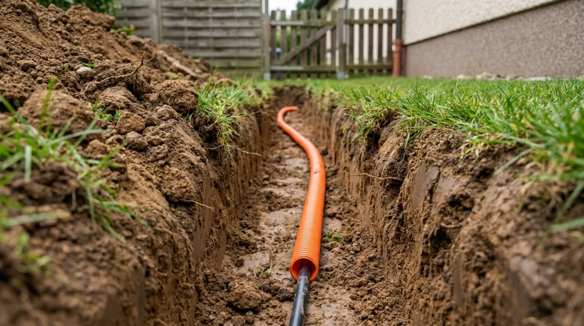 Offener Kabelgraben im deutschen Garten mit orangefarbenem Wellrohr-Schutzrohr – Erdkabelverlegung für Gartenbeleuchtung vor dem Verfüllen, Rasenkante und Holzzaun im Hintergrund