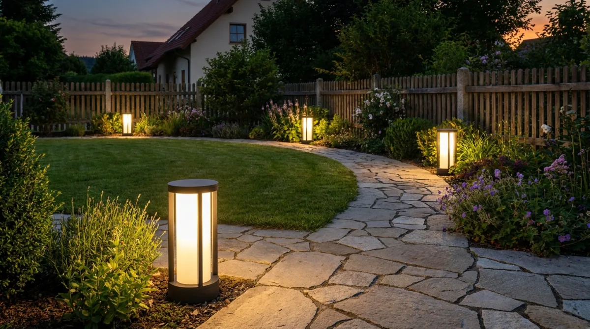 Mehrere LED-Pollerleuchten beleuchten einen geschwungenen Natursteinweg im deutschen Privatgarten – Holzzaun, Stauden und gepflegte Beete in der Abenddämmerung