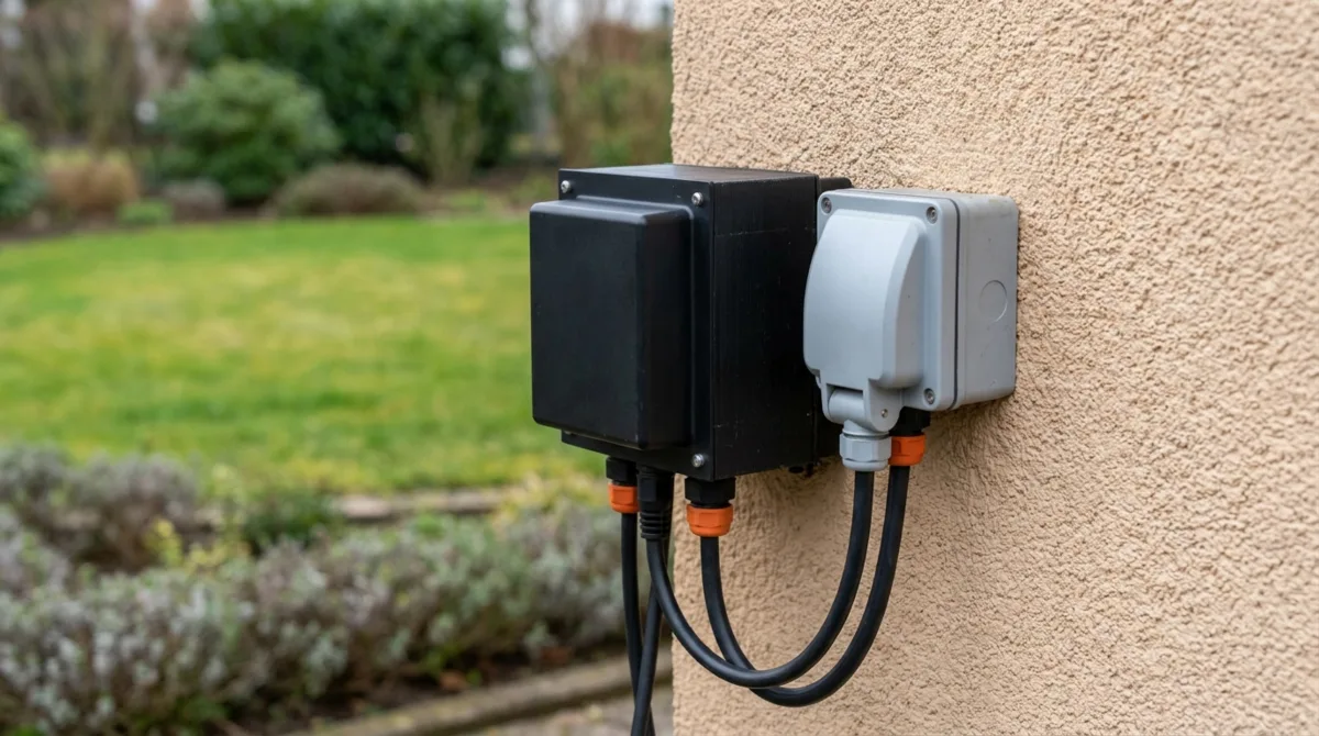 Outdoor-Verteilerbox und IP-geschützte Außensteckdose an verputzter Hauswand im deutschen Garten – Elektroanschluss für festverdrahtete Gartenbeleuchtung