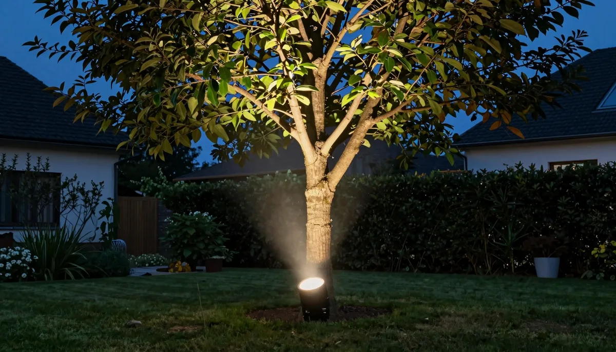 LED-Außenstrahler beleuchtet einen Baum von unten im deutschen Privatgarten – Akzentbeleuchtung mit warm-weißem Scheinwerferlicht am Abend, Wohnhaus im Hintergrund