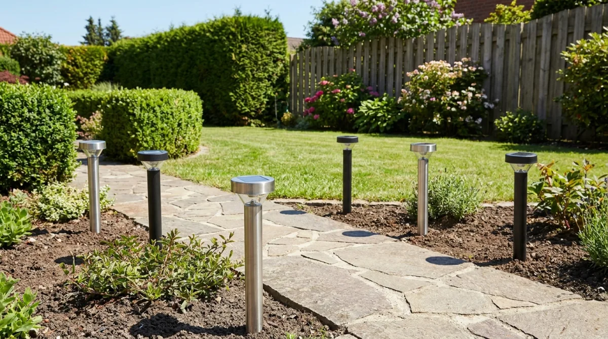 Mehrere Solar-Erdspieß-Leuchten aus Edelstahl entlang eines Natursteinwegs im deutschen Privatgarten bei Tag – Buchsbaum, Blütenstauden und Holzzaun im Hintergrund
