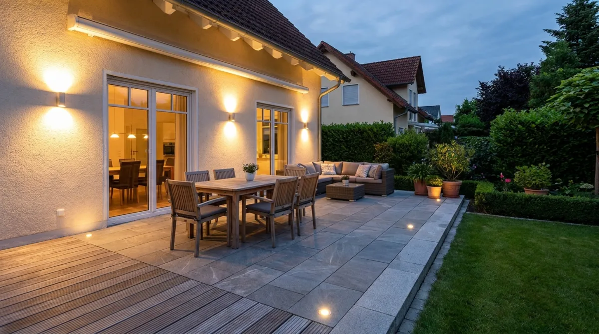 Beleuchtete Terrasse am Abend mit zwei Wandleuchten an der Hausfassade – Esstisch und Lounge-Bereich im warm-weißen Licht, gepflegter Garten im Hintergrund
