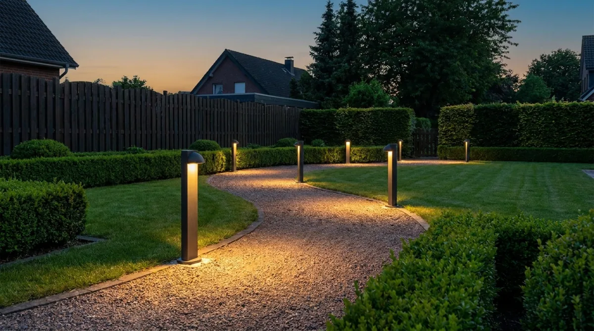 Geschwungener Kiesweg mit anthrazitfarbenen Pollerleuchten im deutschen Privatgarten bei Sonnenuntergang – Buchsbaumhecken und gepflegter Rasen im Hintergrund