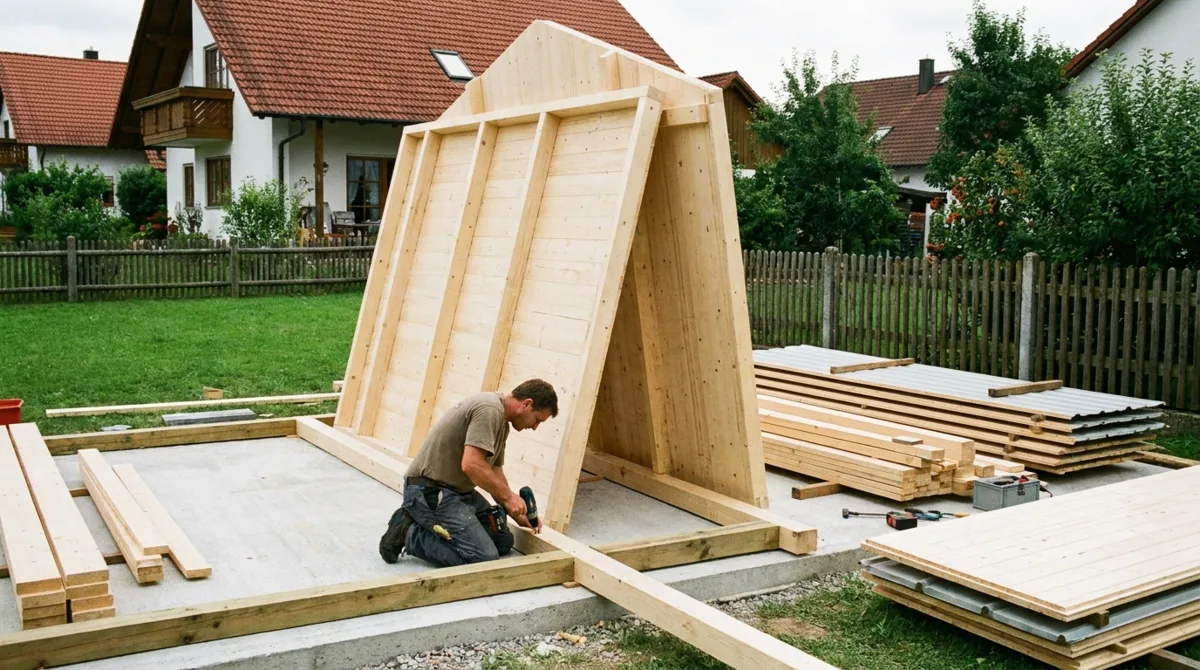 Montage eines Holzgartenhaus-Bausatzes im deutschen Garten – Handwerker befestigt Wandelement auf Betonplatte, typische Wohnhäuser im Hintergrund