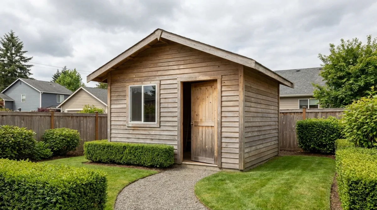 Holzgartenhaus mit Satteldach im deutschen Privatgarten – gepflegte Hecken und Holzzaun im Hintergrund, Kiesweg vor der Eingangstür