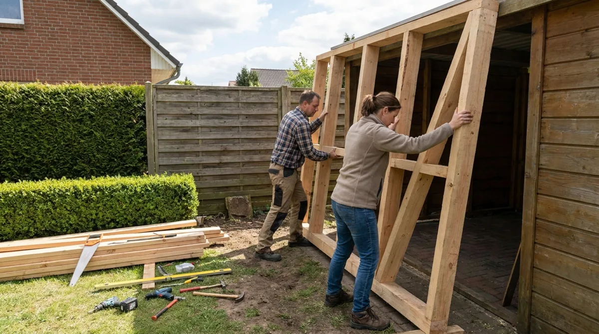 Mann und Frau heben gemeinsam eine Holzrahmenwand beim Eigenbau eines Gartenhauses – Werkzeug und Holzlatten auf dem Rasen, Hecke und Zaun im Hintergrund