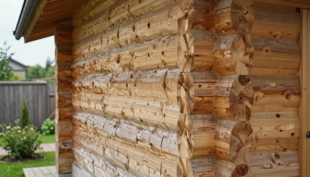 Nahaufnahme einer Blockbohlen-Eckverbindung an einem Holzgartenhaus – helles Vollholz mit sichtbaren Fugen und Holzmaserung, Garten im Hintergrund