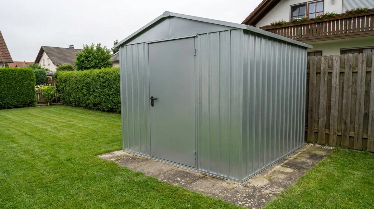Grünes Metallgartenhaus aus Stahlblech auf Rasenfläche im deutschen Privatgarten – Satteldach, Einzeltür, Hecke und Holzzaun im Hintergrund