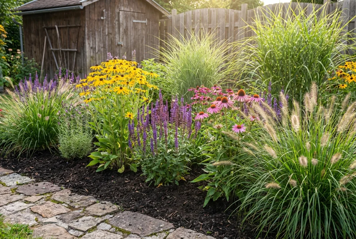 Gemischtes Staudenbeet im Garten – verschiedene Stauden und Gräser in einem frisch angelegten Beet mit Rasenkante