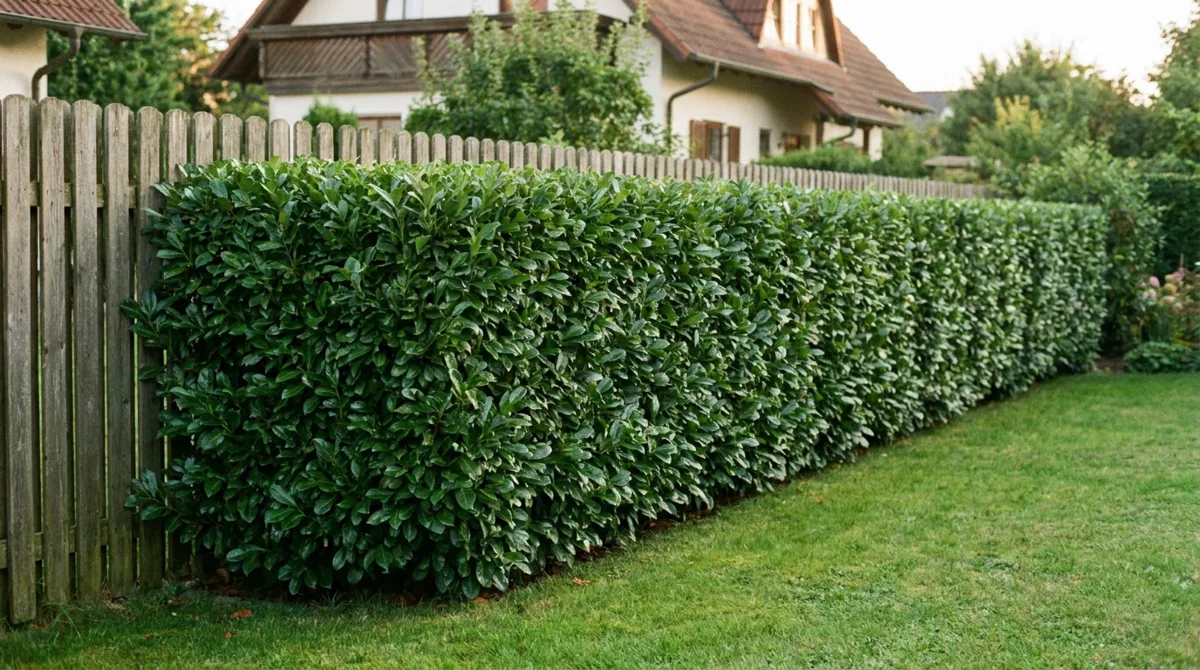 Dichte Kirschlorbeer-Hecke als Sichtschutz im Garten – gleichmäßig geschnittene Hecke neben Rasenfläche