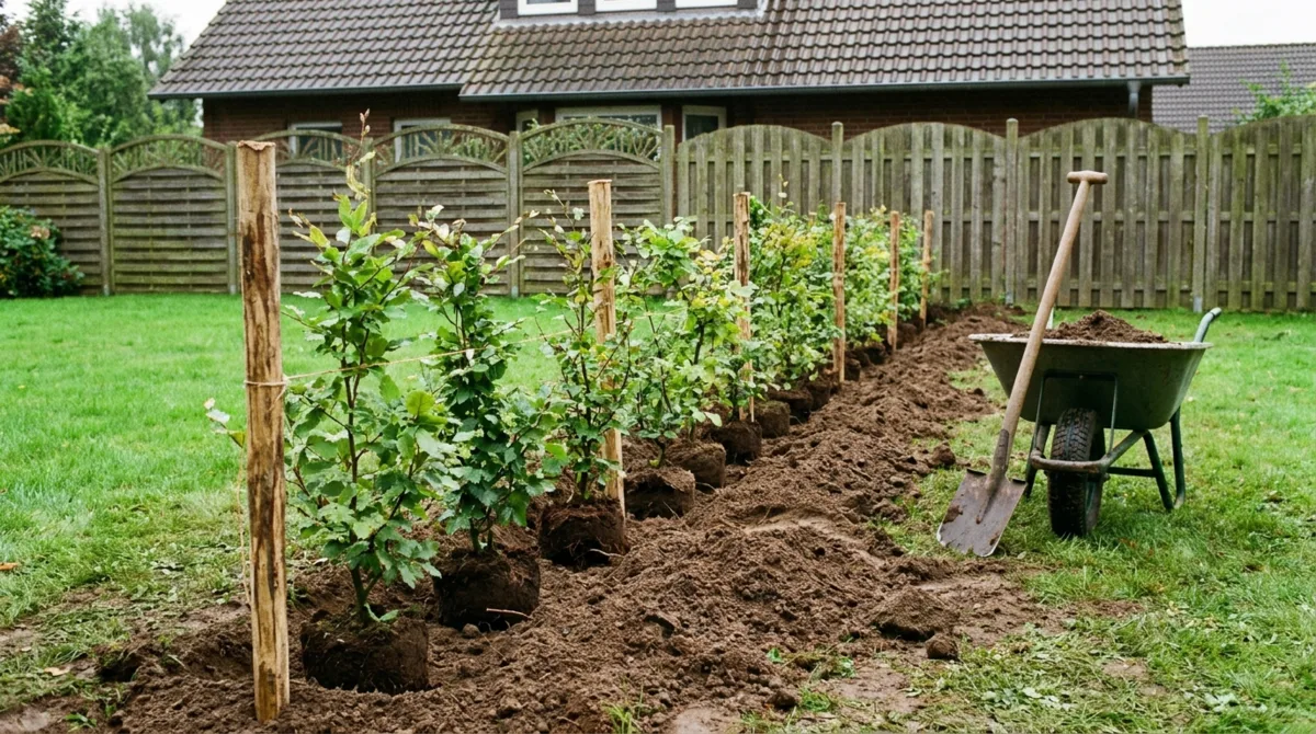 Reihe frisch gepflanzter Heckenpflanzen in einem Garten – gleichmäßiger Pflanzabstand, frisch bewässert