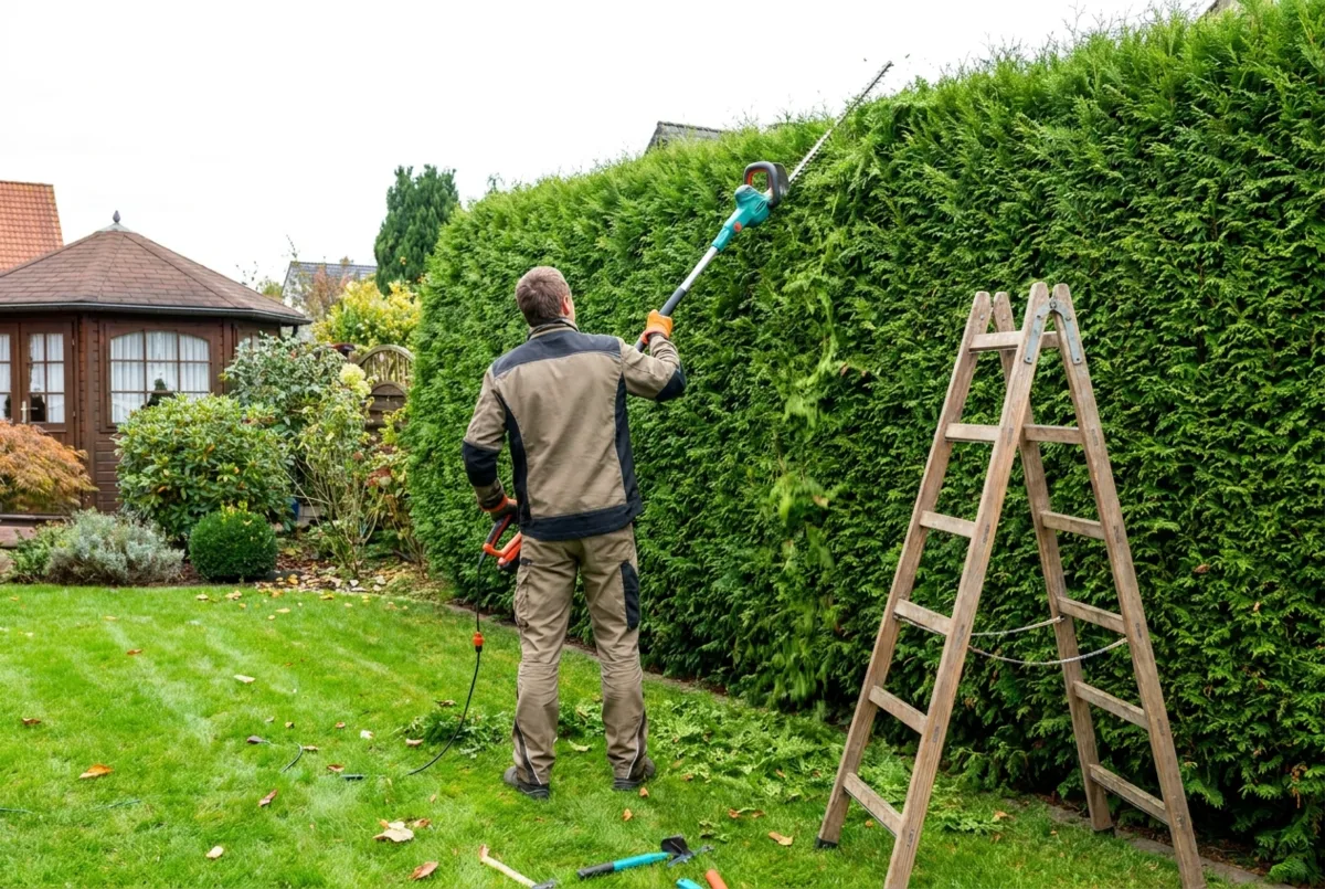 Gärtner schneidet hohe Thuja-Hecke mit Teleskop-Heckenschere und Leiter im deutschen Privatgarten – Heckenschnitt über 2 Meter Höhe