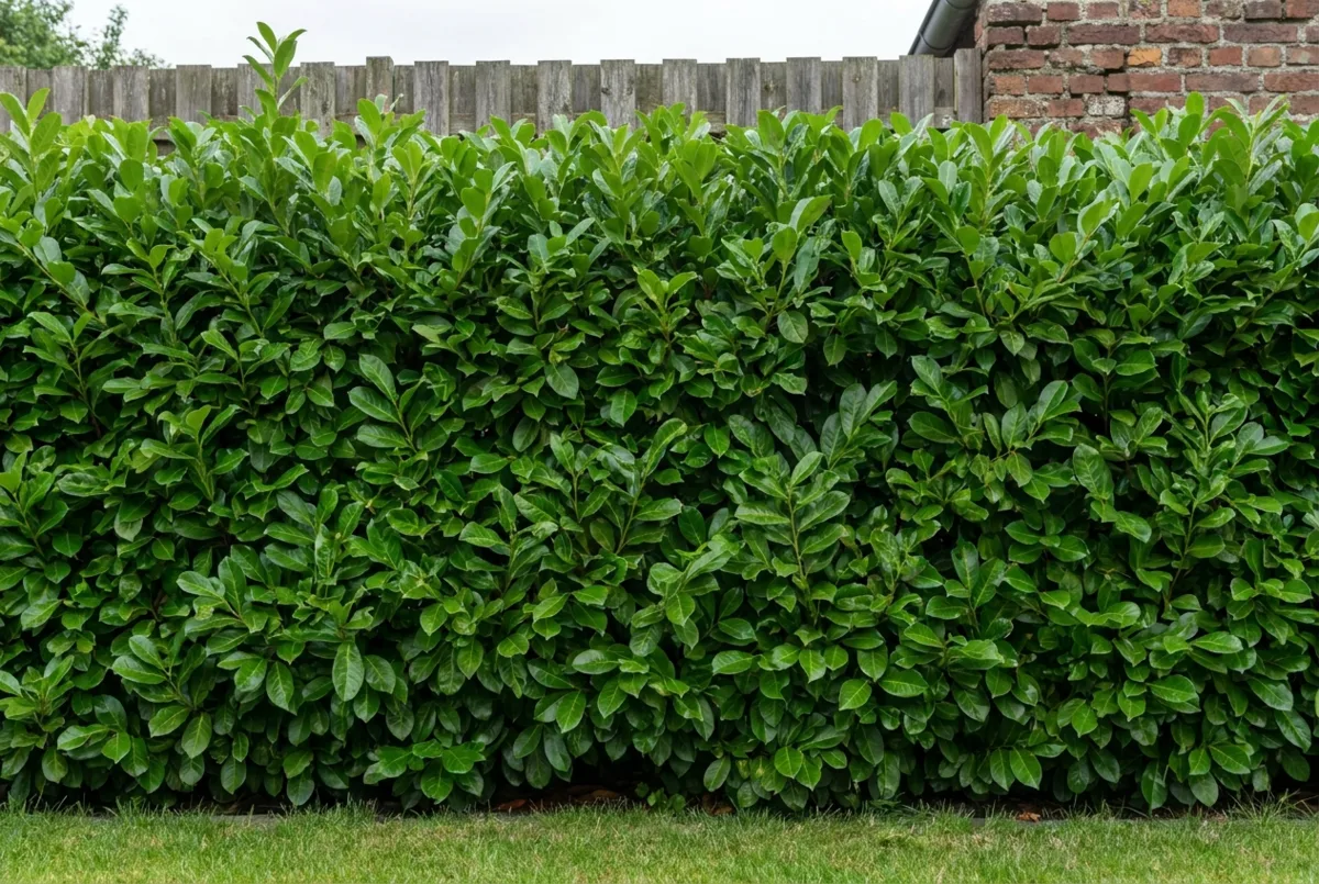 Kirschlorbeer Rotundifolia als Sichtschutzhecke – breite, dichte Blatthecke entlang einer Grundstücksgrenze