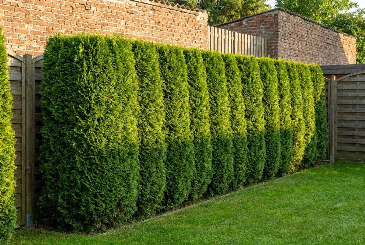 Thuja Smaragd Hecke im Garten – dicht gewachsene, gleichmäßig geschnittene Nadelhecke als Grundstücksabgrenzung
