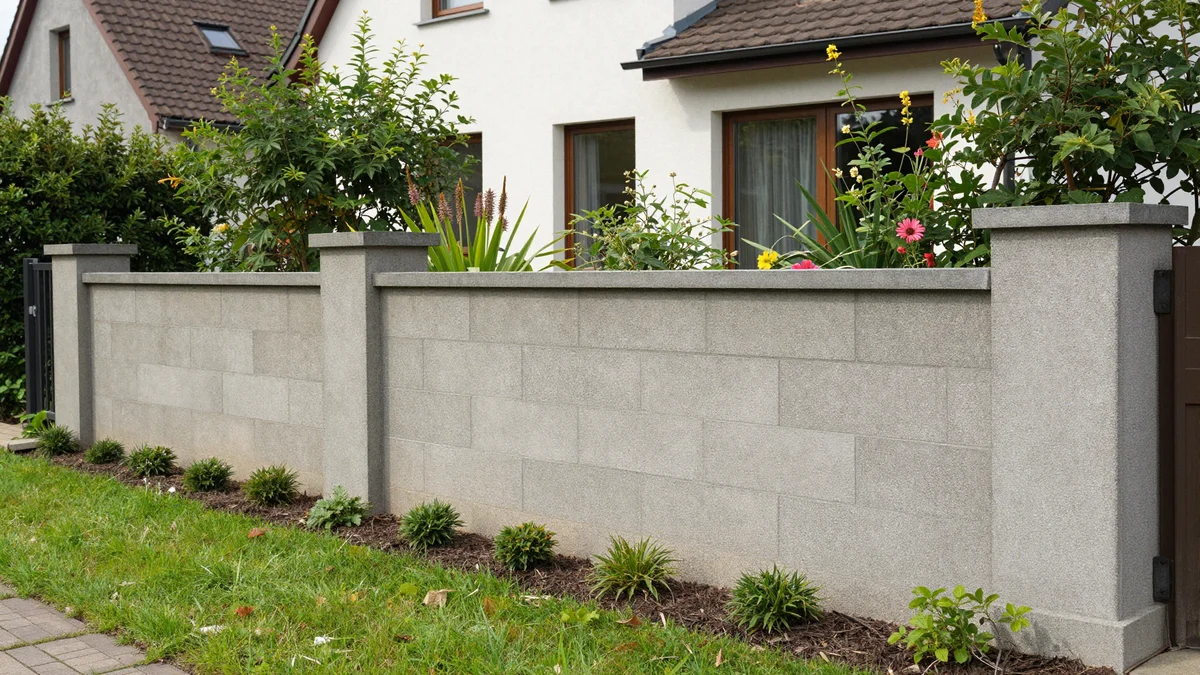 Offener Fundamentgraben für eine Gartenmauer mit Betonstreifen vor dem Aushärten – Fundamentarbeiten im Gartenbau
