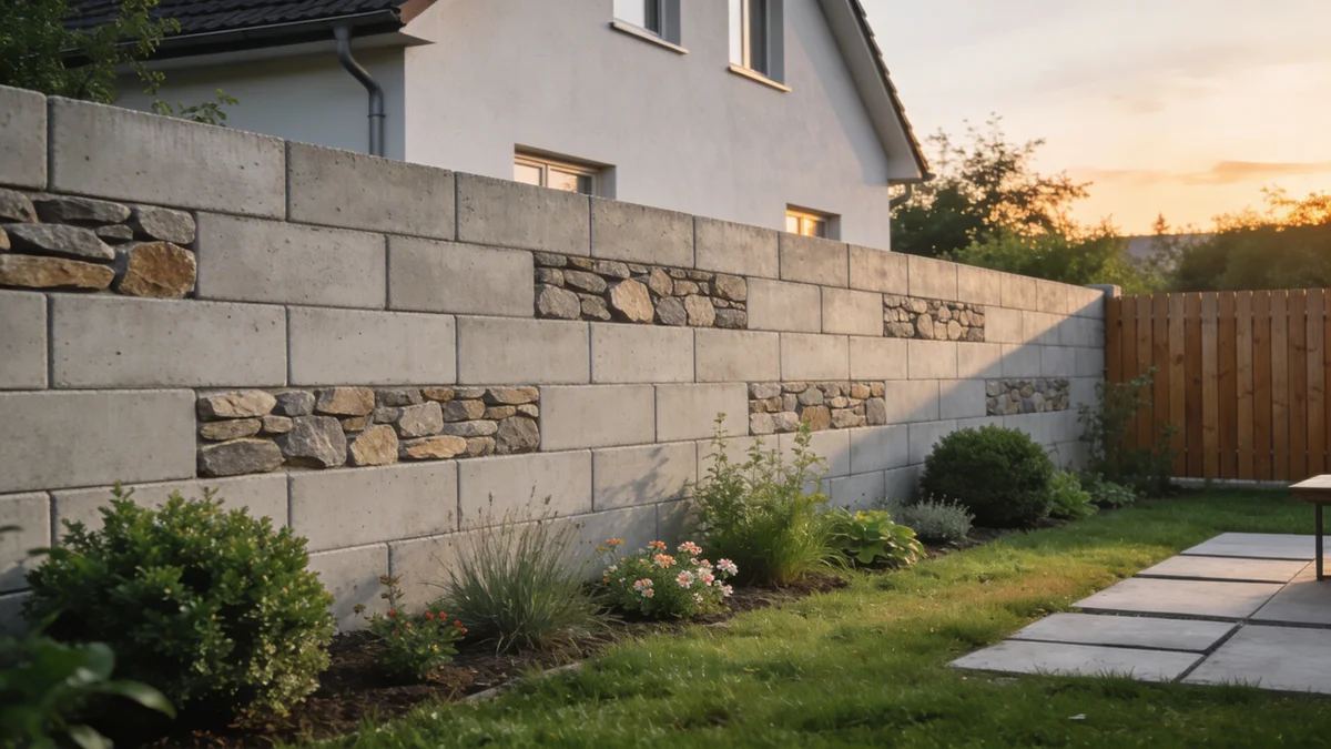 Fertig gemauerte Gartenmauer aus Betonstein mit Bepflanzung im Privatgarten – sauberes Fugenbild, Abdeckplatten sichtbar