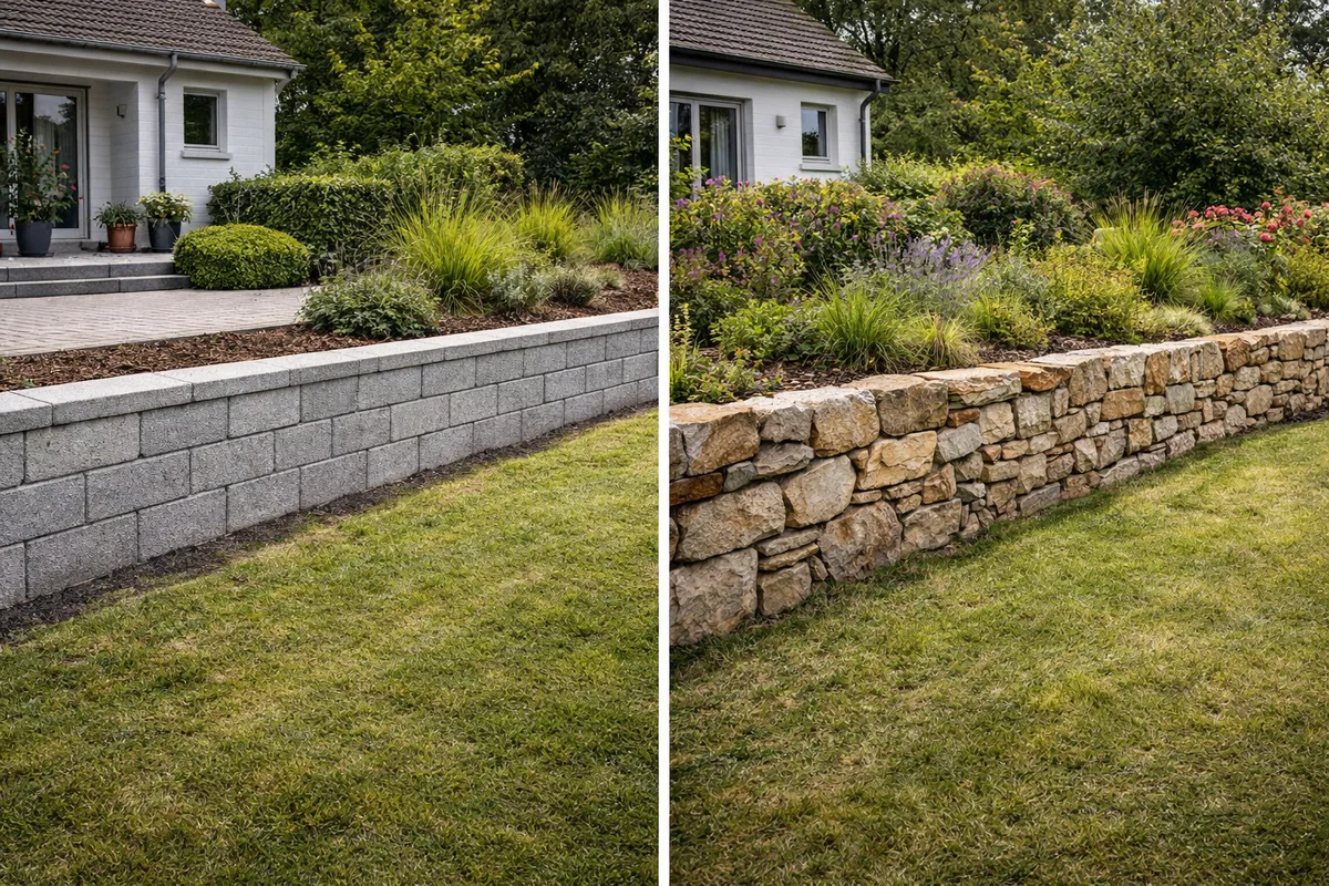Vergleich Betonstein- und Natursteinmauer nebeneinander im Garten – unterschiedliche Materialien, Optik und Preisklassen