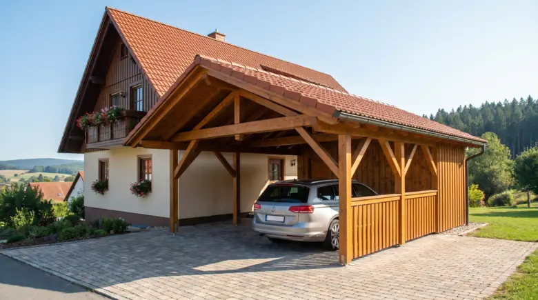 Massiver Holzcarport in Naturholzfarbe mit Satteldach und Holzschalung vor Landhaus – Fahrzeug unter hochwertiger Holzkonstruktion auf gepflasterter Einfahrt