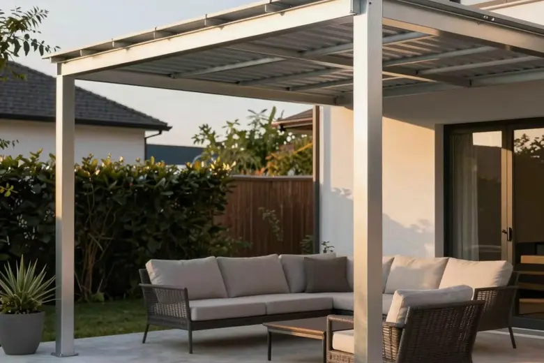 Freistehende Aluminium-Pergola mit vier sichtbaren Stützpfosten auf gepflasterter Terrasse – jede Stütze steht auf einem eigenen Fundament