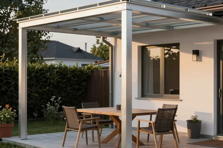 Aluminium-Pergola als Hausanbau mit offenem Lamellendach, Holz-Esstisch und Stühlen – Tageslichtansicht mit Rasenfläche im Hintergrund