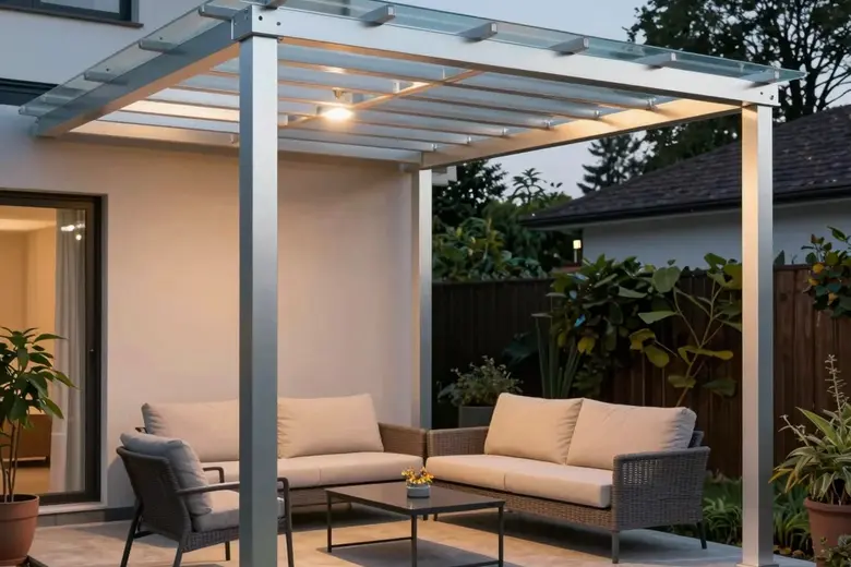 Aluminium-Pergola als Hausanbau mit LED-Beleuchtung und Loungemöbeln – Abendstimmung auf gepflasterter Terrasse