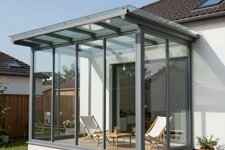 Vollverglaste Terrassenüberdachung mit Glasdach und Glaswänden auf drei Seiten als Hausanbau – nahezu geschlossener Außenraum, Übergang zum Wintergarten