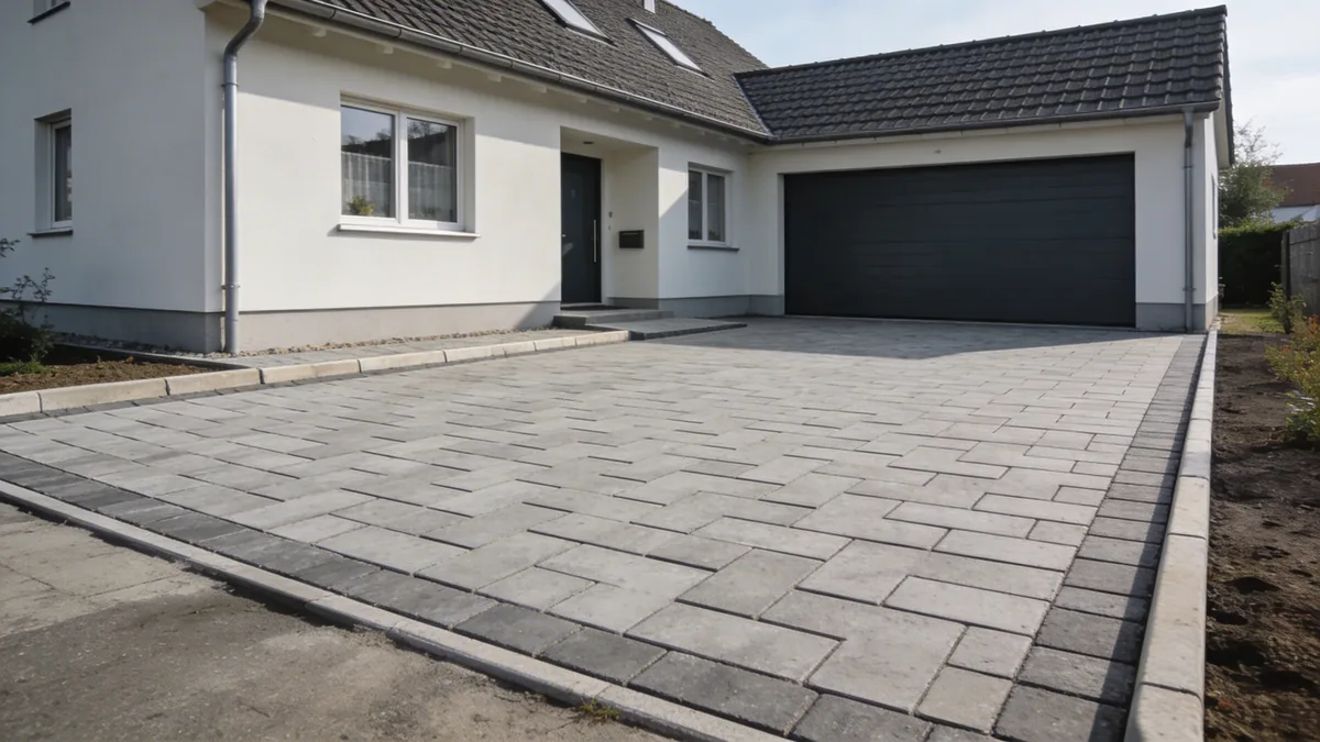 Einfahrt gepflastert mit grauem Betonpflaster – frisch verlegt, Ränder noch offen, sauber gesetzt
