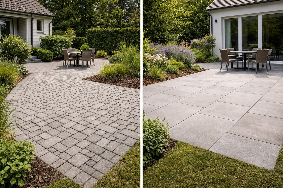Terrassenbereich mit gepflastertem Abschnitt und großformatigen Platten im Vergleich nebeneinander
