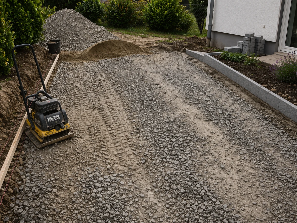 Schottertragschicht für Pflasterunterbau wird mit Rüttelplatte verdichtet – Baustelle, offener Untergrund sichtbar