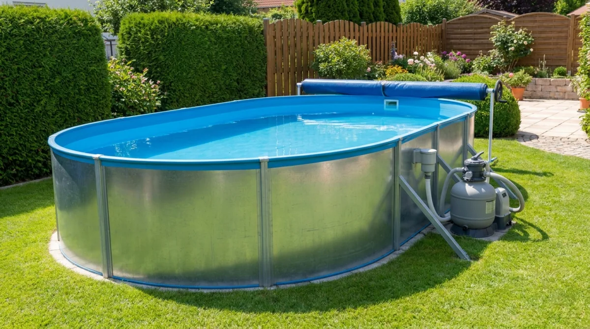 Ovaler Stahlwand-Aufstellpool im deutschen Privatgarten mit Sandfilteranlage und Abdeckplane – Hecken und Holzzaun im Hintergrund
