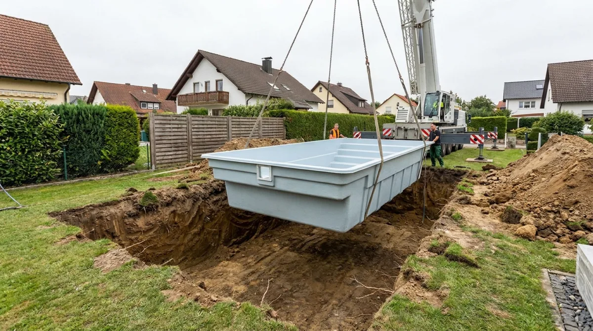 GFK-Fertigbecken wird per Kran in den Aushub eines deutschen Privatgartens abgesenkt – Wohnhäuser und Hecken im Hintergrund, Arbeiter beim Einweisen