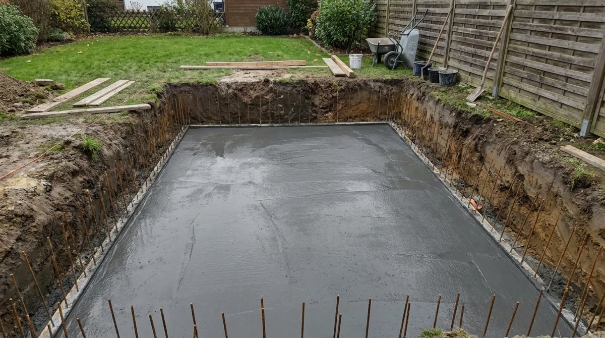 Frisch gegossene Betonbodenplatte im Pool-Aushub – Armierungsstahl ragt an den Rändern heraus, Garten mit Holzzaun und Schubkarre im Hintergrund