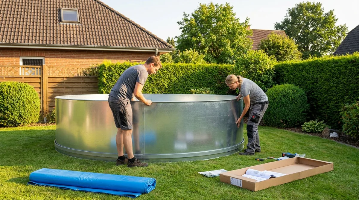 Zwei Männer bauen gemeinsam einen runden Stahlwandpool in Eigenleistung im deutschen Privatgarten auf – Liner und Karton auf dem Rasen, Hecken und Wohnhaus im Hintergrund