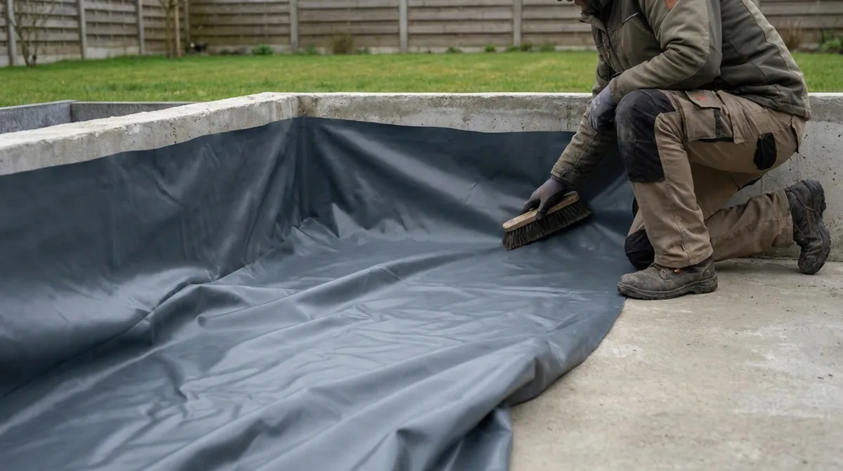 Handwerker kniet in leerem Betonbecken und glättet dunkle Poolfolie an der Wand – Folienverlegung im deutschen Privatgarten