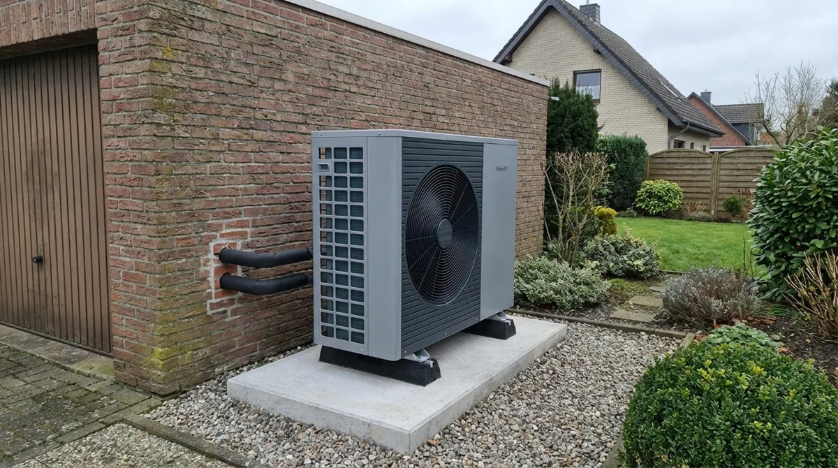 Moderne Luft-Wasser-Wärmepumpe an der Außenwand eines deutschen Einfamilienhauses aus Ziegelstein – Kiesstreifen, Schläuche, Wohngebiet im Hintergrund