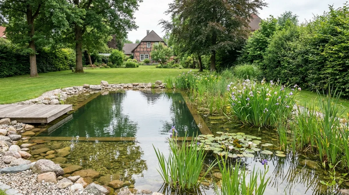 Schwimmteich im deutschen Garten – klare Schwimmzone mit Holzsteg, bepflanzte Regenerationszone mit Schwertlilien, Fachwerkhaus im Hintergrund