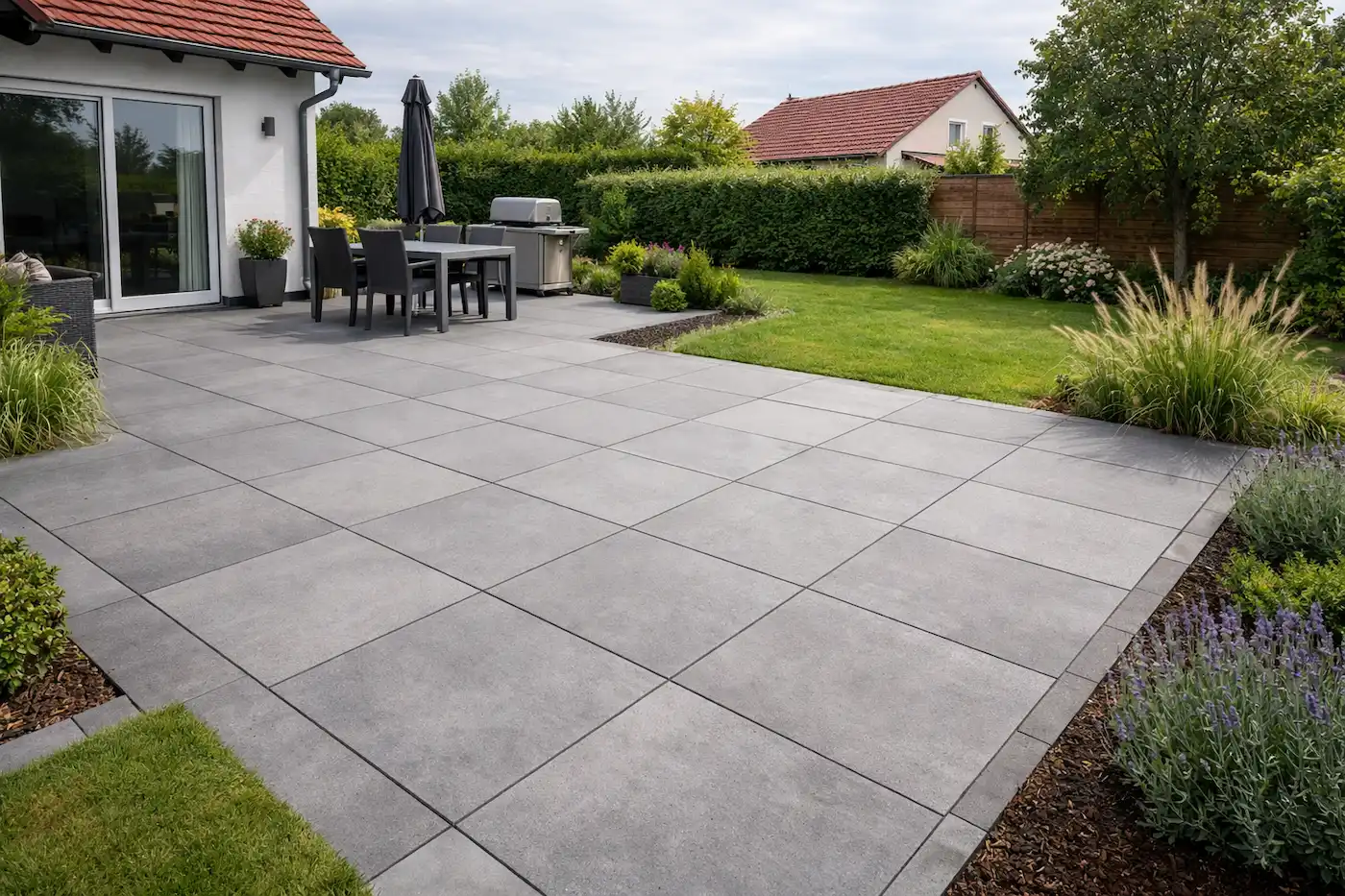 Fertig gebaute Terrasse mit großformatigen Feinsteinzeugplatten, Gartenmöbeln und Bepflanzung am Wohnhaus