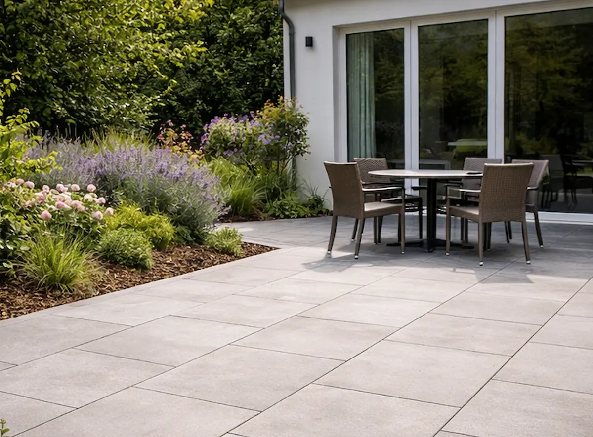Terrassenplatten aus hellem Feinsteinzeug in Großformat, verlegt mit gleichmäßigen Fugen und Außenmöbeln