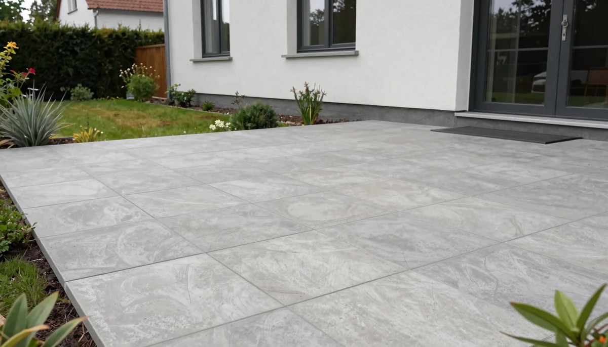 Terrassenplatten in Betonoptik am Haus – großformatige Platten in Hellgrau mit gleichmäßigem Fugenraster