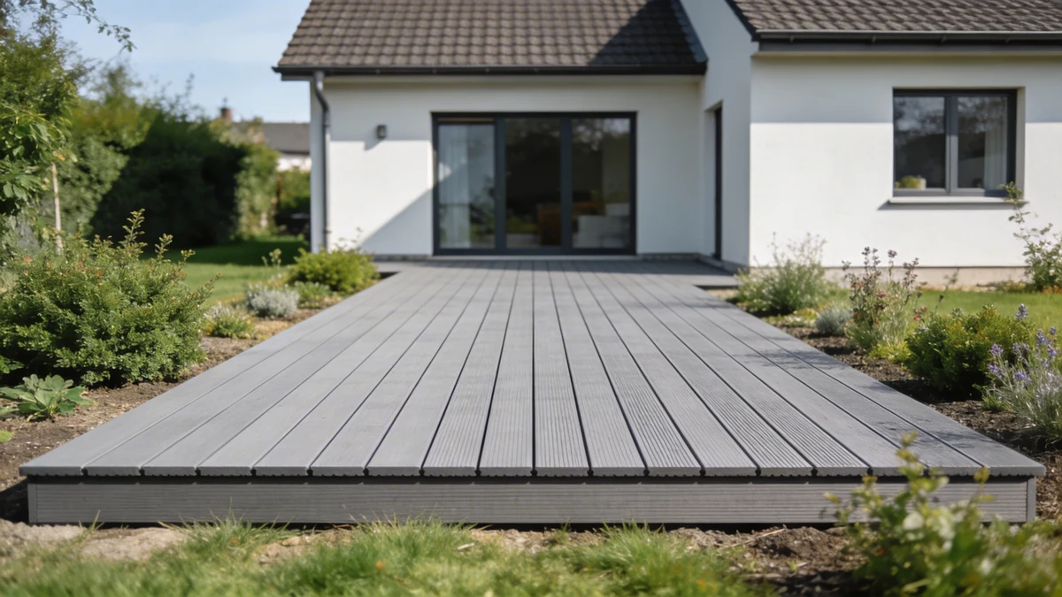 WPC Terrasse aus grauen Vollprofildielen, verlegt direkt am Wohnhaus mit sichtbarer Dielenstruktur und Abschlusskante
