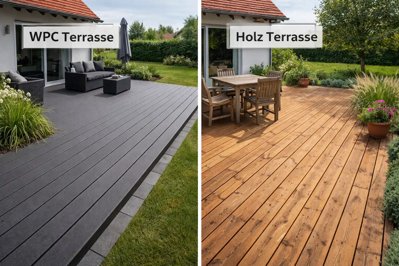 Direktvergleich: Links eine anthrazitfarbene WPC Terrasse, rechts eine warme Holzterrasse aus geöltem Massivholz