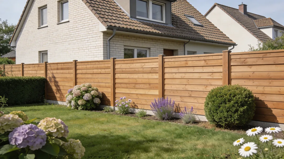 Horizontaler Holzsichtschutz im Garten – lange Bretter waagerecht montiert, natürliche Holzfarbe, Rasen im Vordergrund
