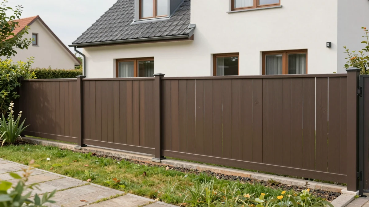 Kunststoff-Sichtschutz in Dunkelbraun – warme Farbe, glatte Oberfläche, Holzoptik-Imitat