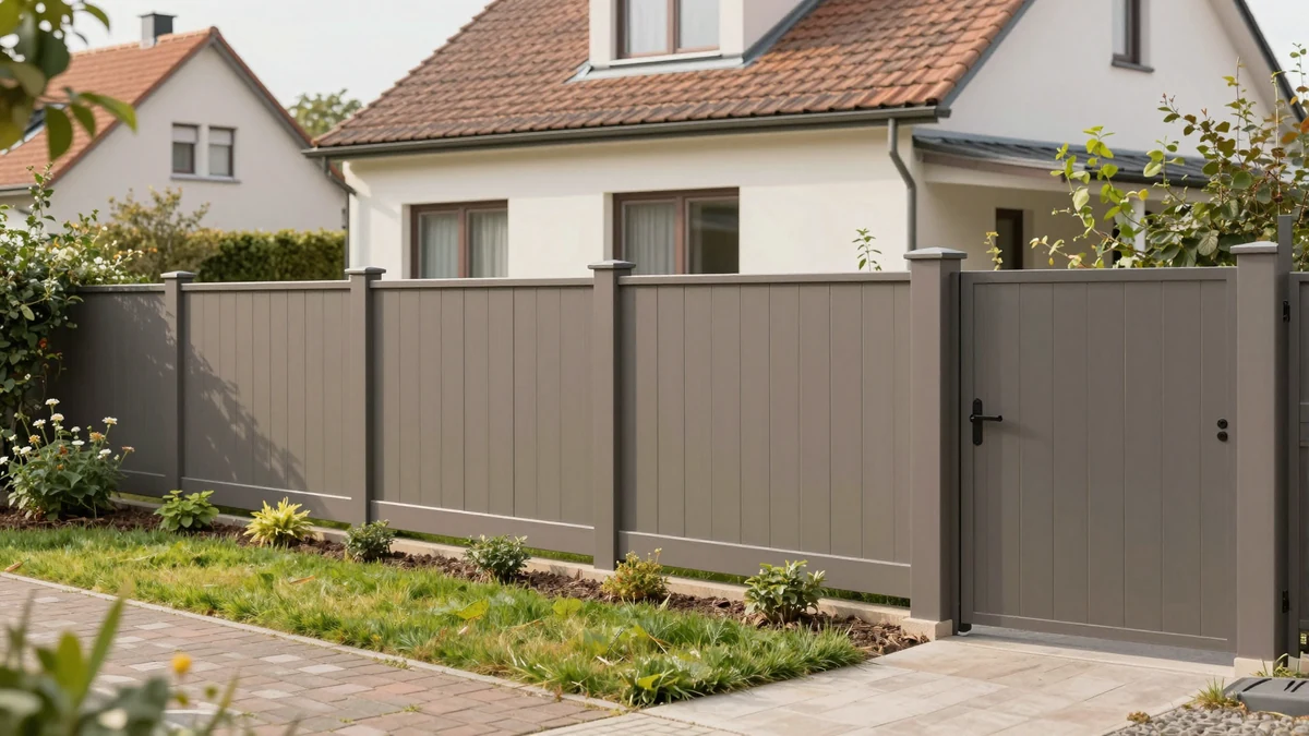 Kunststoff-Sichtschutz in Grau mit integriertem Gartentor – einheitliches System, gleichmäßige Oberfläche