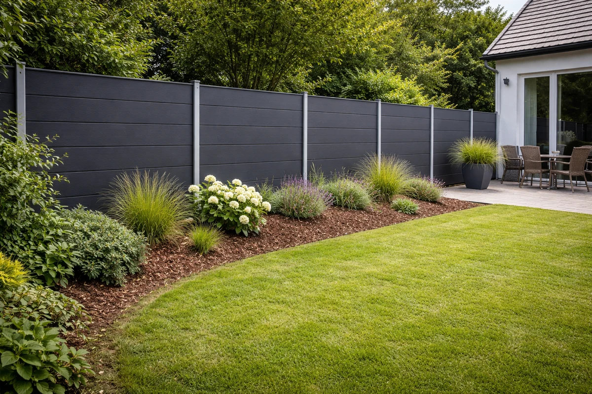 Sichtschutzanlage in Anthrazit am Garten – geschlossene Fläche, modernes Design, Rasen im Vordergrund