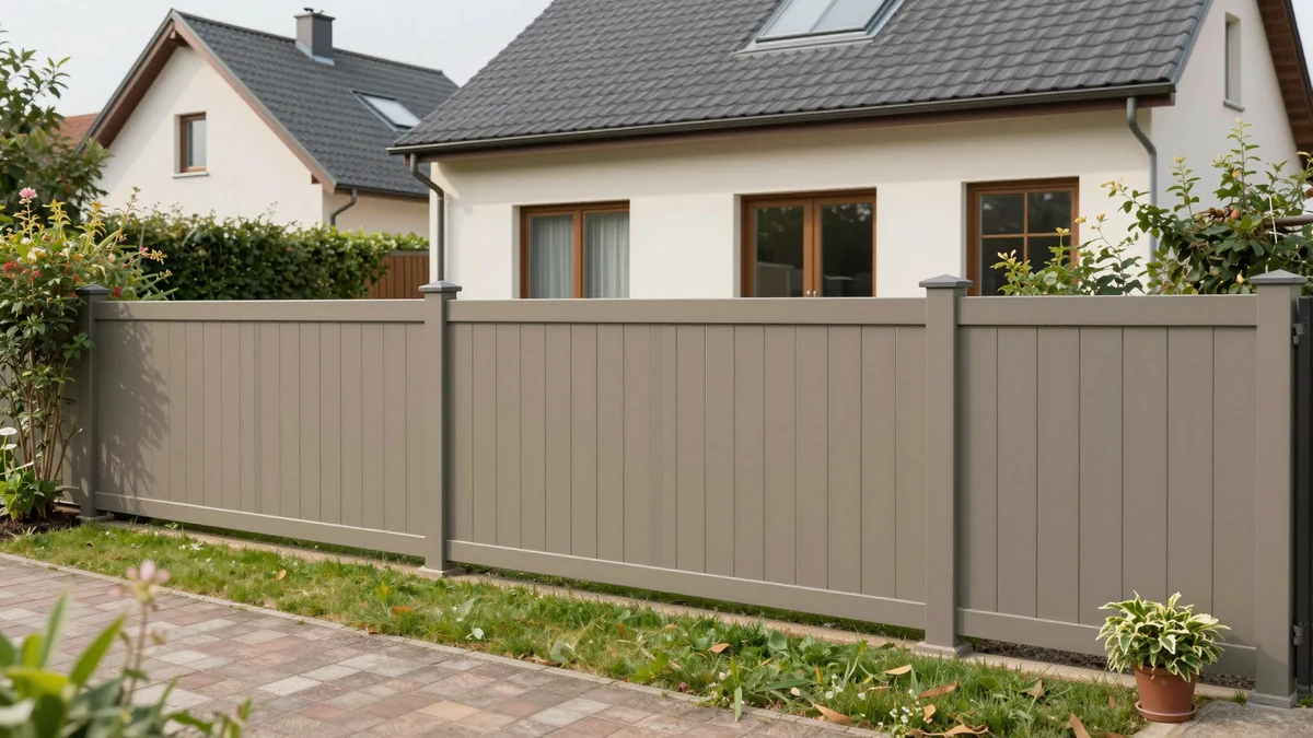 WPC Sichtschutz in Taupe / Beigeton – warme Farbgebung, Gartensituation, gleichmäßige Dielenstruktur