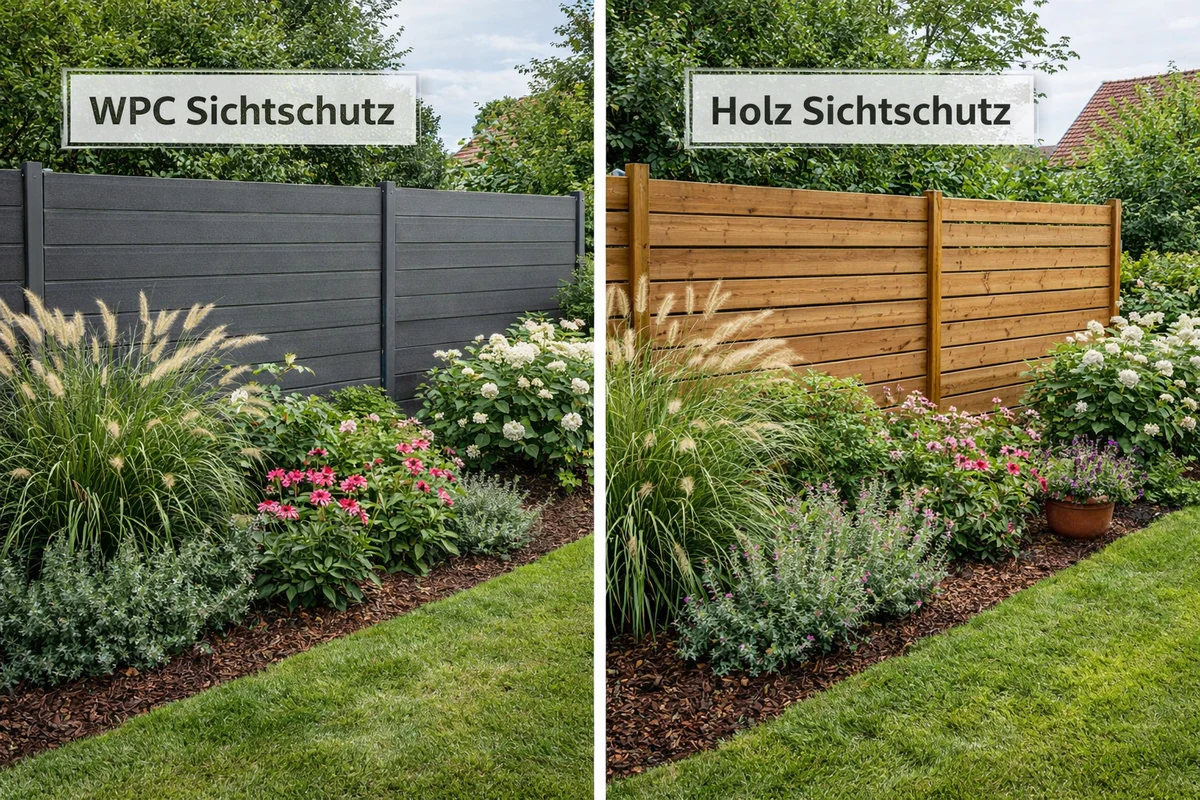 Direkter Vergleich WPC und Holz Sichtschutz nebeneinander – linke Hälfte WPC in gleichmäßigem Grau, rechte Hälfte Holz mit Maserung